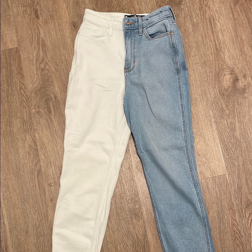Hollister Straight Leg Blue and White Jeans with Bold Split Design